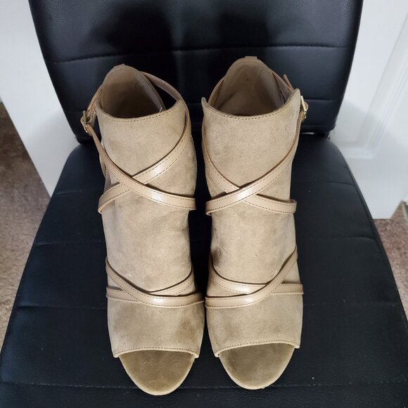 TAN SUEDE PEEP-TOE BOOTIES - Picture 1 of 6